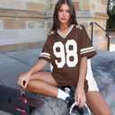 Jersey Shirts for Women Oversized V Neck Tshirt Number Graphic Shirt Casual Y2k Streetwear Tee Tops (Brown, S)