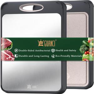 GUANCI Cutting Board for Kitchen, Stainless Steel Cutting Board Double Sided for Chopping Meat/Vegetables, Stainless Steel/Wheat Straw PP, Kitchen Gifts Easy to Clean Large 1611