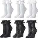 6 Pairs Lace Ruffle Ankle Socks for Women Lolita Frilly Ankle Elastic Cuff Mesh Lace Trim Dress Sock, One Size