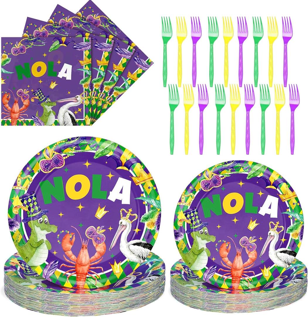 Tioncy 96 Pcs Mardi Gras Plates and Napkins Disposable Tableware Set Purple Nola Paper Plates Forks for 24 Guests Mardi Gras Party Supplies Alligator Crawfish Pelican Party Decorations Forks Set