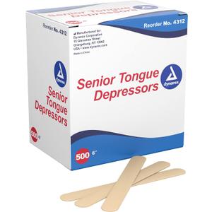 Dynarex Tongue Depressors Wood, Senior 6", Non-Sterile, with Precision Cut and Polished Smooth Edges, for Medical Uses, 1 Box of 500 Tongue Depressors