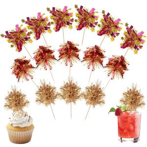 40Pcs Foil Firework Cupcake Toppers, Sparkle Tinsel Flower Drink Stirrers, Gold Sparkle Cake Decorations, Cocktail Food Fruit Toothpicks for Christmas Party Birthday Wedding Graduation Supplies