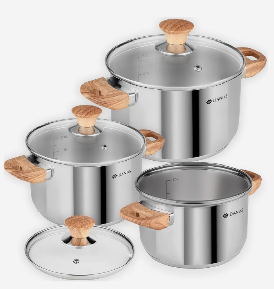 Daniks Oslo 6-Piece Stainless Steel Cookware Set with Glass Lids, Tri-Ply Bas...