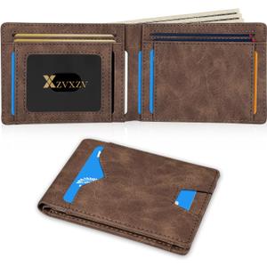 Man Slim Wallet Leather Money Clip RFID Blocking Front Pocket Minimalist Bifold Wallet Thin Credit Card Holder Coffee