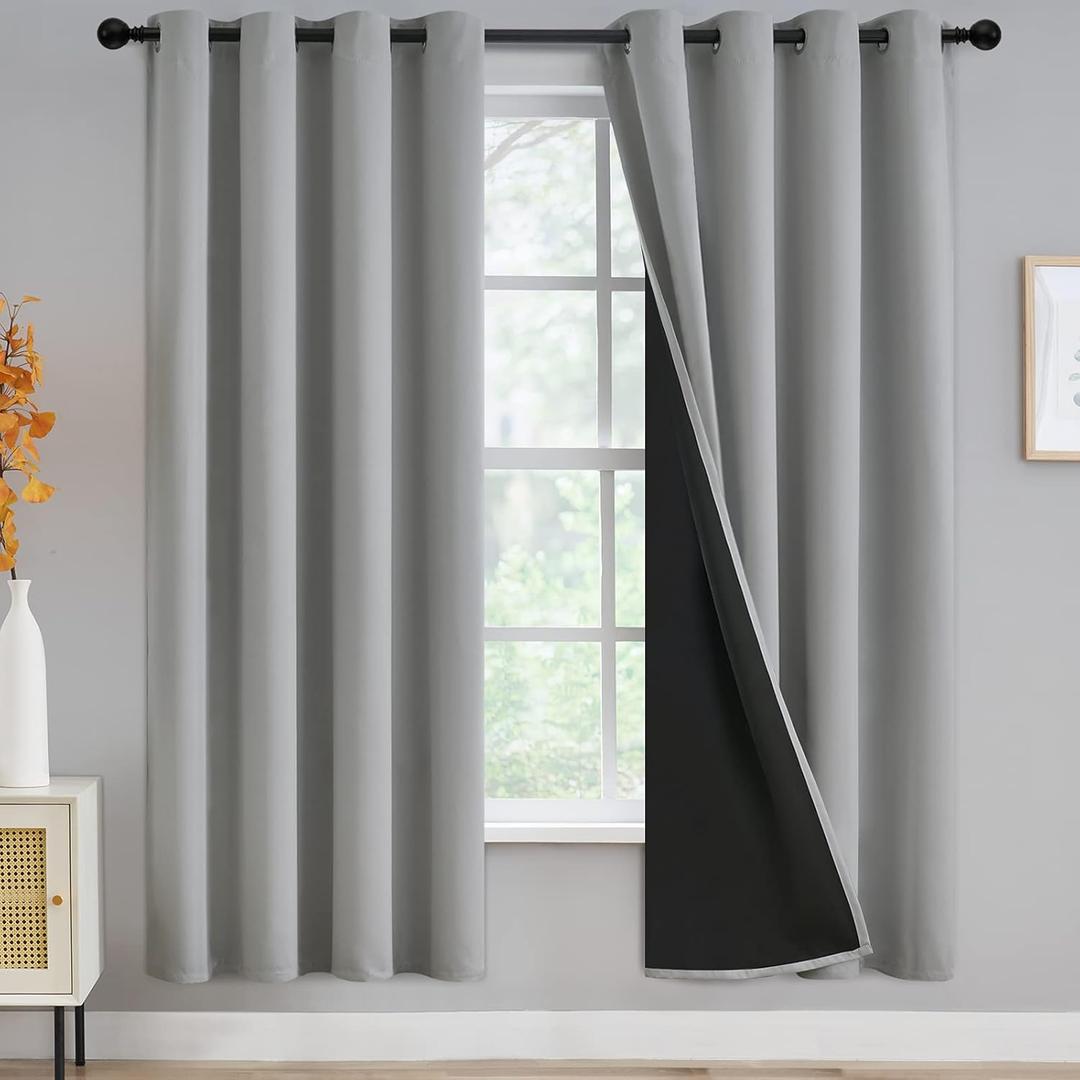 Grey Full Shade Curtain Panels, Thermal Insulated & Energy Efficiency Window Draperies for Guest Room, Full Blackout Curtains & Drapes for Shift Worker and Light Sleepers, W52 x L72 Inch, Light Grey