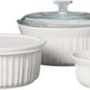 CorningWare French White 7-Pc Ceramic Bakeware Set with Lids Chip and Crack Resistant Stoneware Baking Dish, Microwave, Dishwasher, Oven, Freezer and Fridge Safe