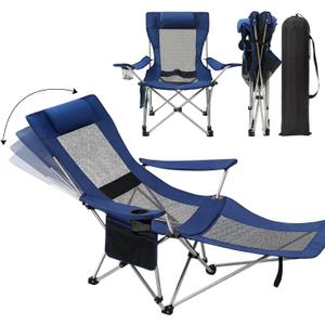 Briwooody 2-in-1 Reclining Camping Chair Folding Lounger Mesh Beach Chair with Headrest & Footrest Adjustable Backrest Lightweight for Summer Beaches(Navy Blue)