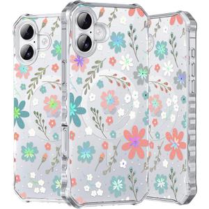 Hocase for iPhone 16 Case 6.1"", with [Curly Wave Edge & Shiny Design] [Compatible with MagSafe] [Reinforced Corners] Slim Fit Shockproof Protective Phone Case - Blue Pink Flowers