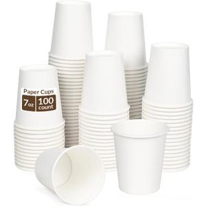 ESSENTIAL 100 Pack 7 oz Disposable Paper Coffee Cups, White Drinking Cup for Hot/Cold Beverage, Hot Coffee Cups for Party, Picnic, Travel,and Events