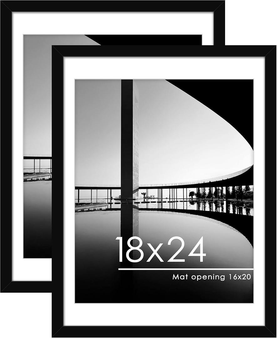 PEALSN 18x24 Picture Frame Set of 2, Display Pictures 16 x 20 with Mat or 18 x 24 without Mat for Wall Mounting Display, Poster Frames, Black