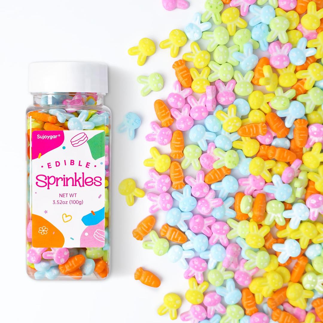 Edible Bunny & Carrot Sprinkles for Cake Decorations, 3.52oz Easter Sprinkles for Cupcakes Topper Baking Cookies Easter Spring Party Supplies Birthday Celebrations (EXP 01/25/28)