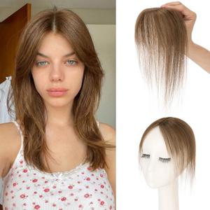 Benehair Clip on Bangs Real Human Hair with 360 Full Coverage, 3D Air Bangs for Daily Wear, Wispy Bang Natural Seamless Fit for Women Side Bang Medium Brown #04