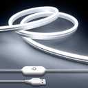 iNextStation USB LED Neon Lights Strip White, 6.6ft 5V Neon Rope Lights Waterproof Flexible Dimmable LED Neon Tape Lights for TV Backlight, Bedroom, Cabinet, Kitchen, DIY Lighting