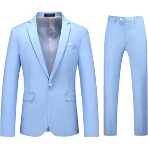 4MOGU Men's Slim Fit 2-Piece Tuxedo Suit One-Button Jacket & Pants Set for Wedding, Prom, and Formal Events (Blue) Size 34
