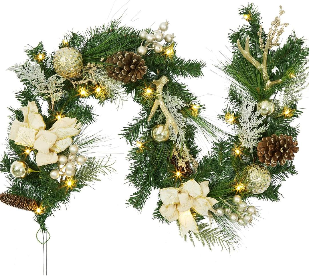 Adeeing 6 FT Christmas Garland with Lights, Pre-lit Outdoor Garland with Battery Operated 20 LED Lights, Holiday Garland with Stars, Flower, Berry Branches(Gold)