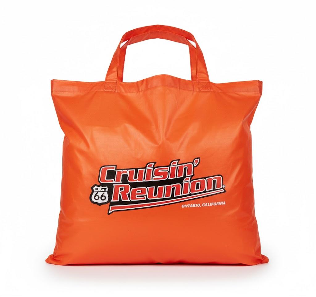 reusable shopping tote bag features the logo for the "Route 66 Cruisin' Reunion" event held in Ontario, California set of 13