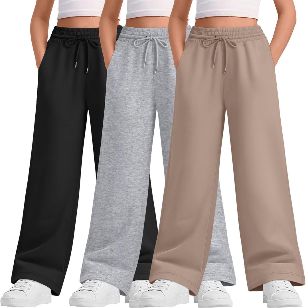 Teen Girls Sweatpants Wide Leg Drawstring Elastic Waist Pants Straight Leg Athletic Trousers with Pockets (9-10 Years, Khaki, Light Heather Gray, Black)