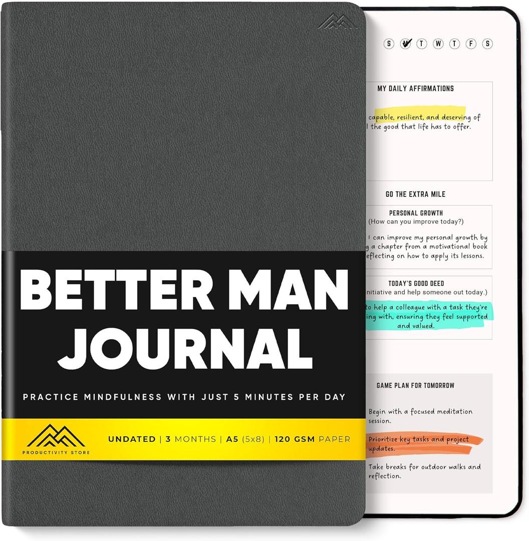 PRODUCTIVITY STORE Better Man Journal - Gratitude Journal  5 Minute Journal - Reflection Manifestation Journal for Mindfulness & Self Care Journal  Goal/Guided Gratitude Journal for Men