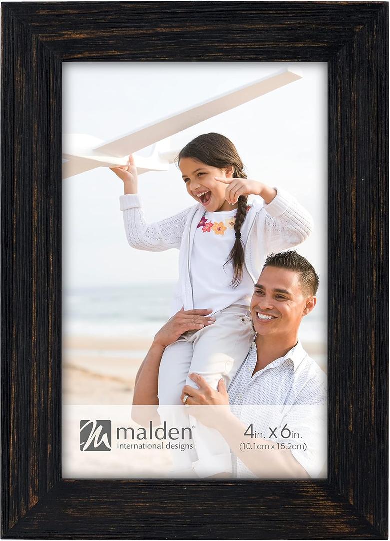 Malden Real Glass Wide Wood Molding Picture Frame, 4" x 6", Rustic Rough Black