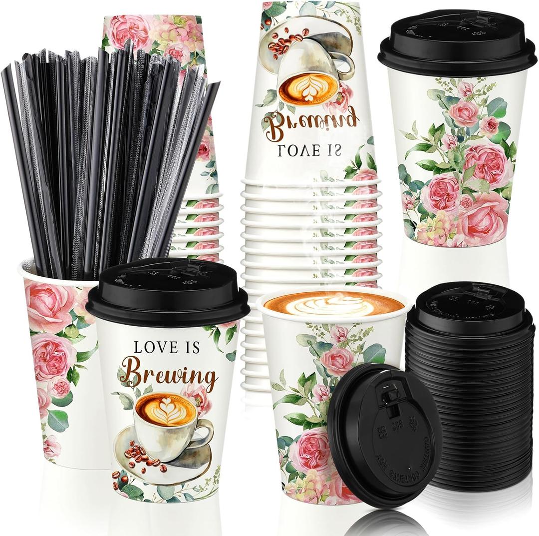 Jingmore 50 Pcs Wedding Coffee Cup Love Is Brewing Bridal Shower Decoration Disposable Wedding Paper Drinking Tumbler Bulk with Lid Straw Custom Reception Cup Engagement Mothers Day Party (Floral)