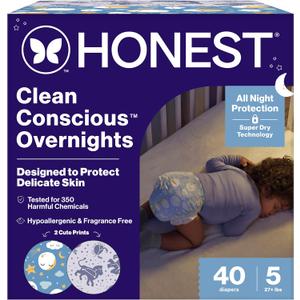 The Honest Company Comfort Dry Overnight Diapers, Up to 12 Hours Protection, Hypoallergenic, Cozy Cloud + Star Signs, Club Box Size 5 (27+ lbs), 40 Count