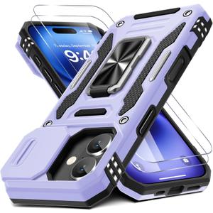 DEERLAMN Case for iPhone 17 6.3-Inch with Slide Camera Cover + Screen Protector (2 Packs), Rotated Ring Kickstand Military Grade Shockproof Protective Cover-Light Purple