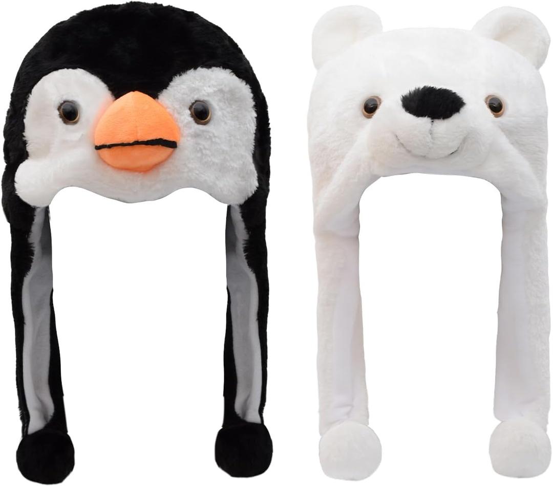 2 Pack Animal Hat Penguin and White Pola Bear Plush Fun Animal Hats One Size Cap Polyester With Fleece Lining