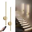 Motion Sensor Battery Operated Wall Sconce Set of Two - Modern Rechargeable Wireless Wall Lights with Remote Control, Dimmable, 3000K/4000K/6000K, Timer for Living Room, Hallway,23.6 Inch, Gold