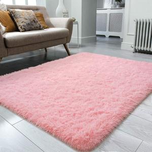 Soft Fluffy Area Rug for Living Room Bedroom, 4x6 Pink Plush Shag Rugs with Non-Slip Backing, Fuzzy Shaggy Accent Carpets for Kids Girls Rooms, Modern Apartment Nursery Dorm Indoor Furry Decor, Pink