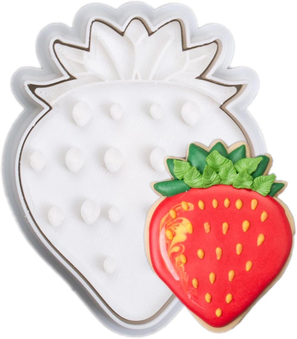 Flycalf Strawberry Cookie Cutters Fruit Summer with Plunger Stamps Holiday PLA Baking Accessories Cutter Molds Gifts Decorative Party 3.5" Kitchen Cake Supplies