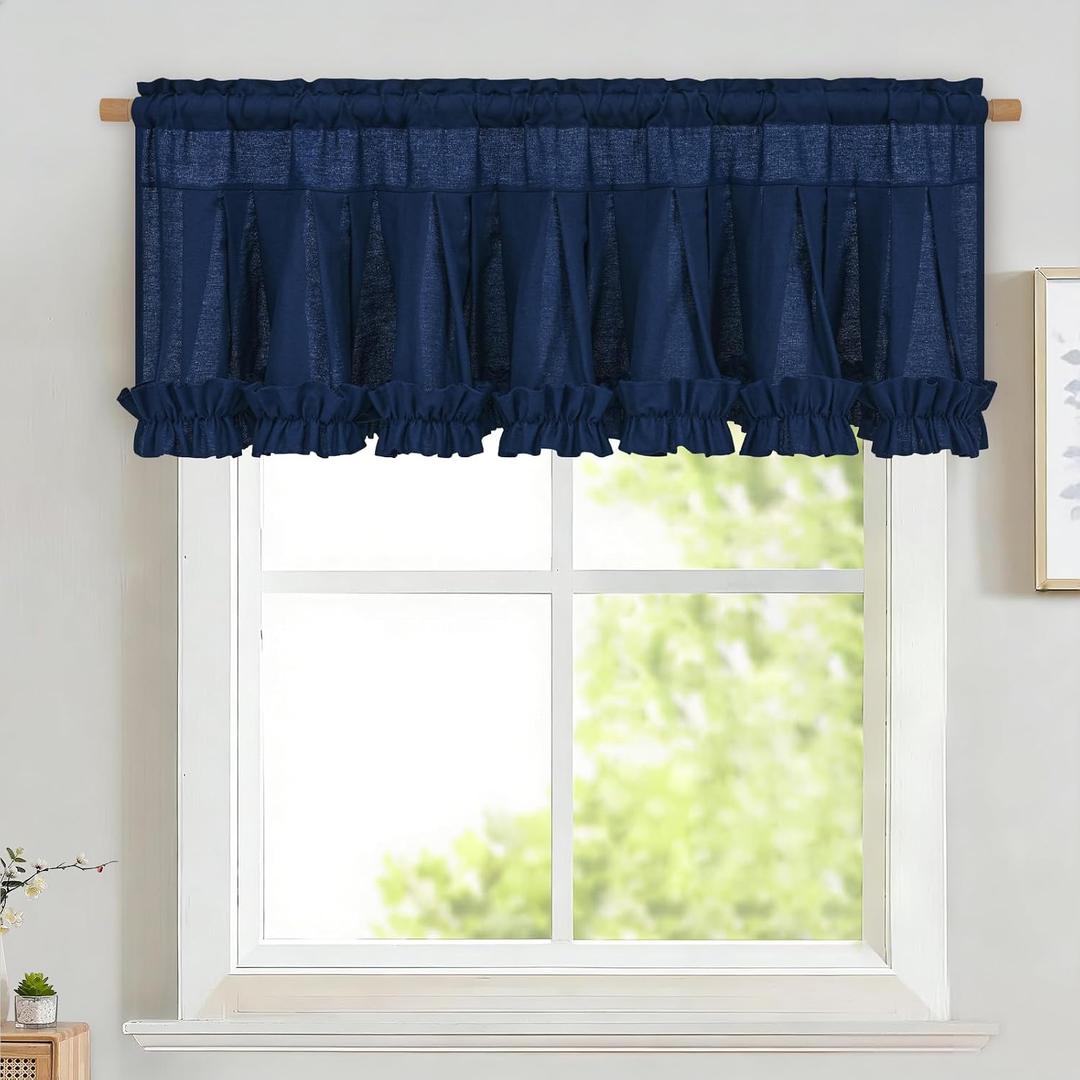 Likiyol Linen Valances for Windows Farmhouse Window Valances with Ruffle Rustic Country Light Filtering Kitchen Valance Curtains Rod Pocket Valance for Bathroom Cafe, Navy Blue, 52" W X 18" L