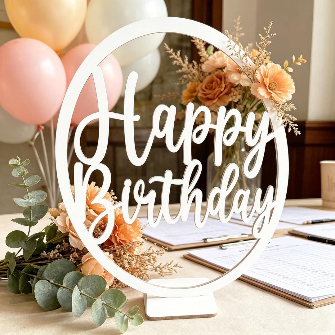 Wooden Happy Birthday Table Centerpiece Sign, 11.8 x 11.8 inches, Freestanding Table Centerpiece Decoration,anniversary Party Sign,Birthday Party Decorations for Kids Baby Adults