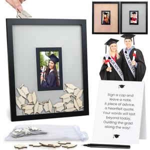 Graduation Guest Book 2026 Wooden Cap Drop Frame Guestbook for Graduation Party with Wooden Grad Caps, Photo Slot & Pen, Grad Guest Book, Graduation Sign in Book, Graduation Book to Sign, Grad Party (11"x13" Wood Frame, 3"x5" Photo Slot) Black