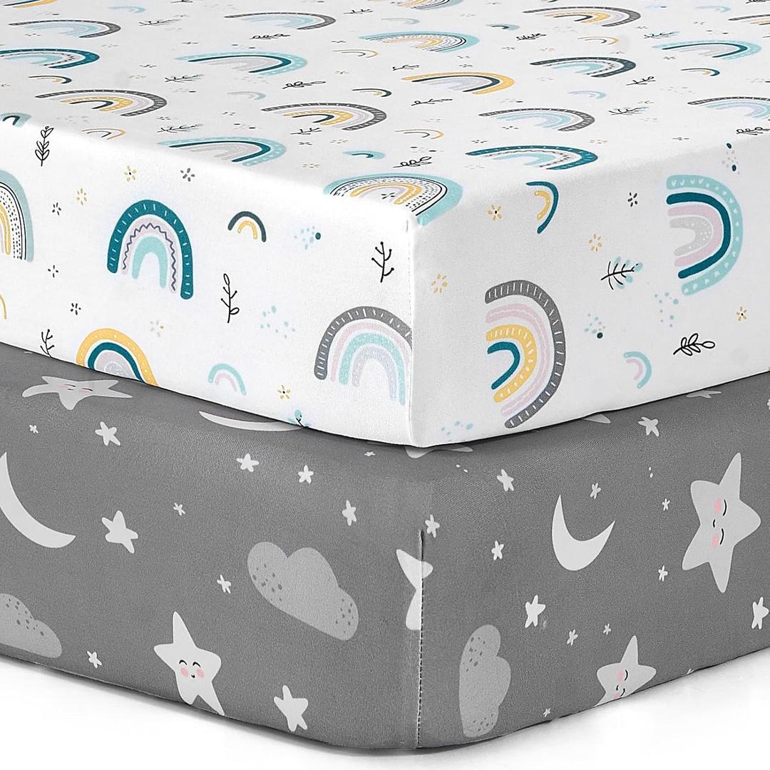 Pack n Play Sheets, BROLEX 2 Pack Mini Crib Sheets,Stretchy Portable Fitted Playard Sheet Set, Convertible Playard Mattress Cover,Ultra Soft Breathable Material,Rainbow Stars