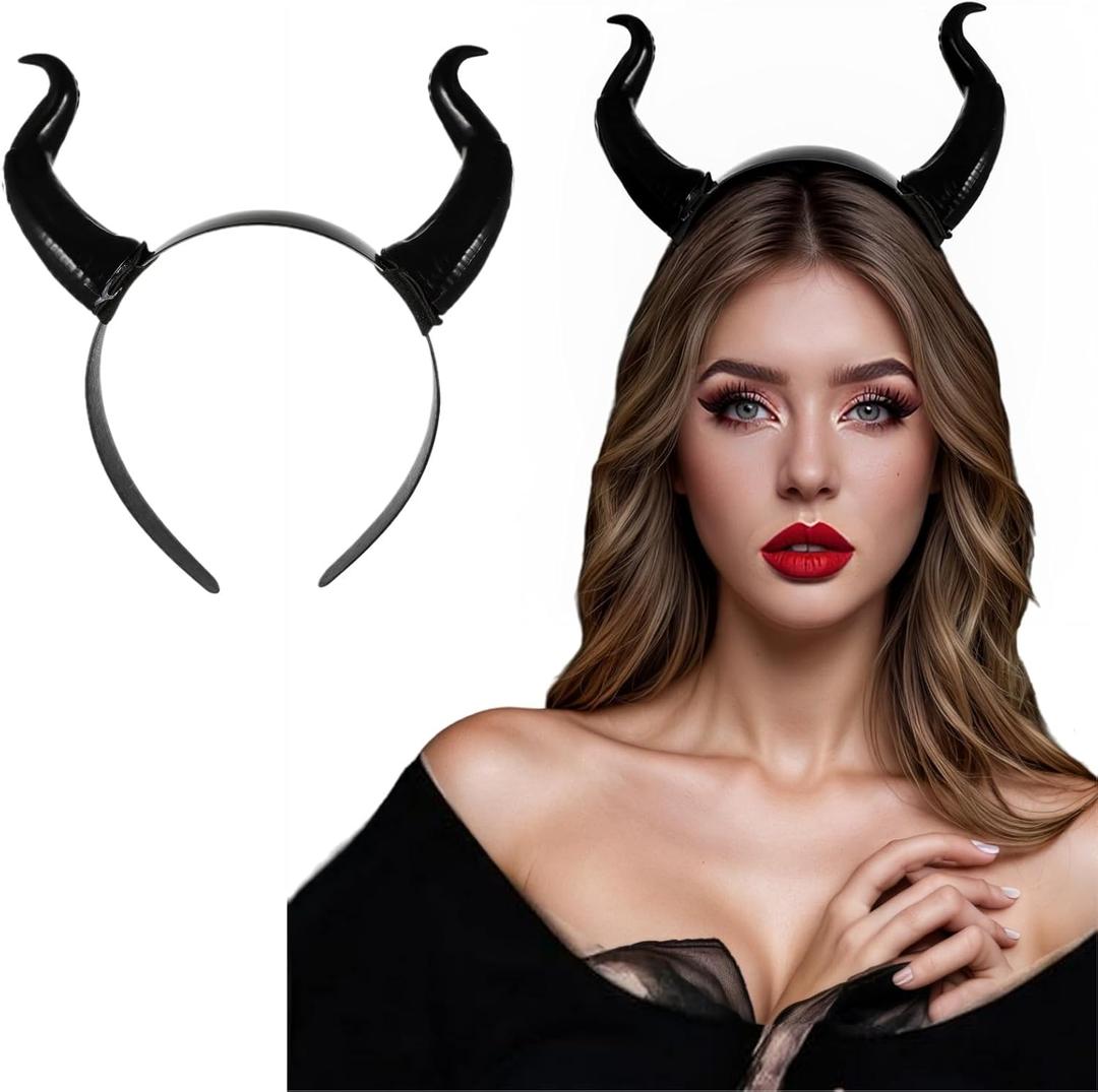 1Pcs Devil Horns Headband Gothic Devil Horn Hair Hoop Halloween Headdress Ox Horn Hair Loop Black Cosplay Hair Accessory for Halloween Christmas Party Dress Up
