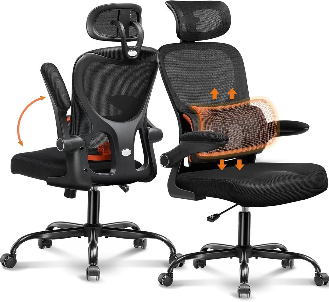 COMHOMA Ergonomic Office Desk Chair with 3D Adjustable Lumbar Support & Headrest, High Back Executive Computer Chair Comfy for Back Pain Relief, Flip-up Armrests (Ergo-Black) (Standard, 1 Pack)