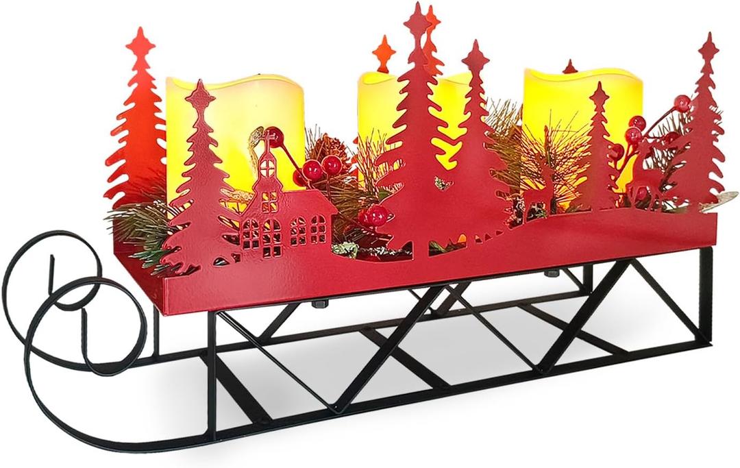Christmas Sleigh Table Centerpieces Decorations, Xmas Red Cut-Out Tree Sleigh LED Candle Candelabrum with Timer Holiday Candle Holder for Home Party Table Mantel Decoration