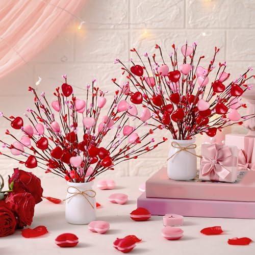 Nitial 2 Pcs Valentine's Day Decorations Valentines Picks Vase Berry Picks Branches Artificial Red Pink Hearts Flower Berry Stem for Wedding Valentine Vase Gifts Party Anniversary Table Home Decor