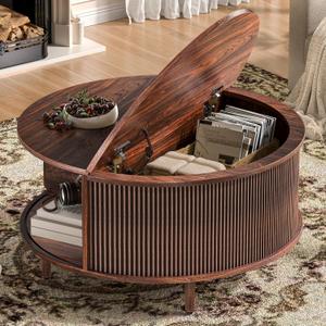 Round Coffee Table, 31.5" Fluted Center Table with Storage, Lift-Top Coffee Table with Adjustable Footpads, Sliding Door, Mid-Century Modern Center Table for Living Room, Small Space, (Walnut)