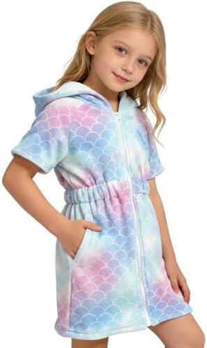 V.&GRIN Girls Swim Cover Up Hooded with Zipper, Terry Cloth Wrap Quick Dry Absorbent with Pockets After Swim for 9-10 Years