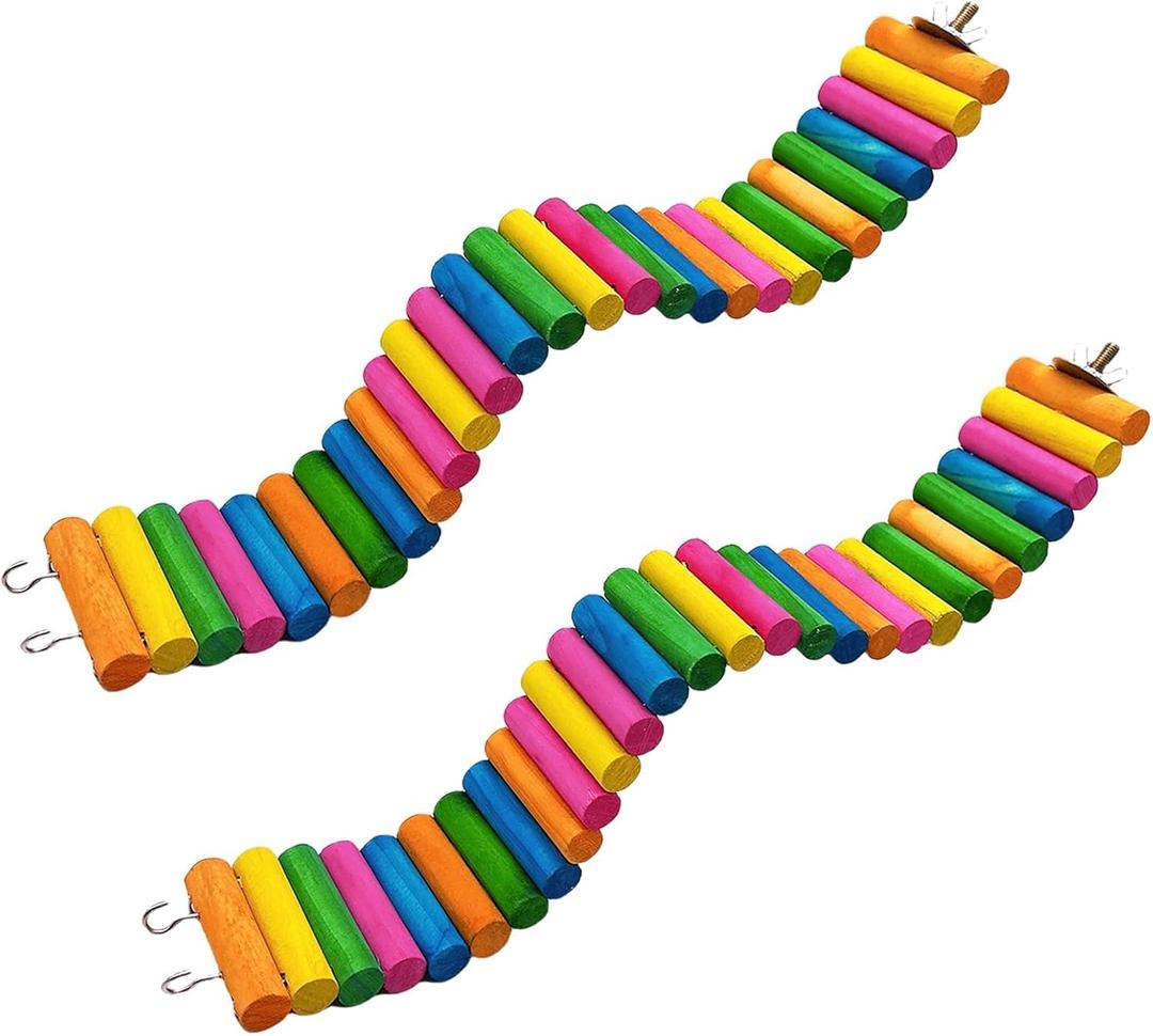 2Piece Hamster Colorful Bridge,Flexible Bendy Climbing Ladder Hanging Wooden Stairs Chew Toy for Bird Parrot Chipmunk Sugar Glider Gerbil Mice (2Pcs, coloured)