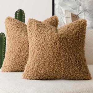 Foindtower 2 Pieces 20x20 Inch Bronze, Faux Fur Throw Pillow Cover Accent Sherpa Pillow Fuzzy Soft Pillowcases Sheepskin Decorative Fleece Cushion Case for Bed Couch Living Room