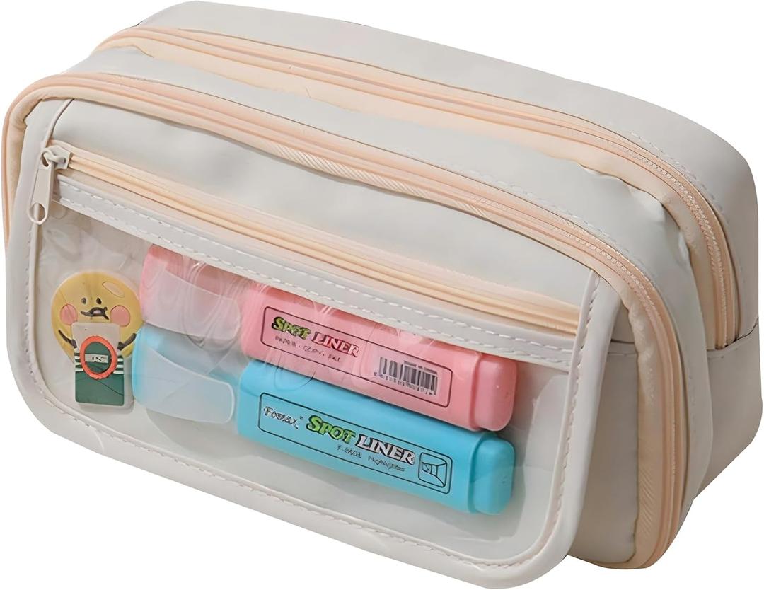 Large Pencil Pouch Big Pencil Case Big Capacity Aesthetic Pen Cosmetic Bag Pen Stationery Organizer Simple, College Office Home Travel Storage Bag (Beige)