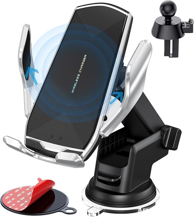 Car Phone Mount,AutoClamping Smart Sensor 10W Qi Fast Charging Car Front Windshield Dashboard Air Vent Phone Holder Compatible with iPhone12/12 pro max/Samsung S20/note 20 All 4.76.7 Inch Smartphone, Silver