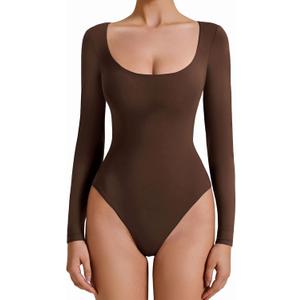 Avidlove Bodysuits for Women Long Sleeve Body Suits Womens Scoop Neck Bodysuit Double Lined Tops (Large, Brown)