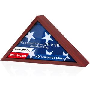 3'x5' American Flag Display Case (Not for 9.5'x5' Burial Flag), Wooden Flag Shadow Box for Military Veterans with HD Tempered Glass, Wall-Mounted Triangle Flag Frame, Mahogany