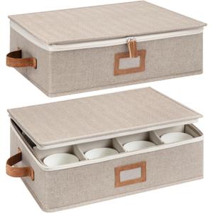 StorageWorks China Storage Container, Stackable Mug Storage Box with Dividers, Stemware Storage Cases, Hard Shell China Cup Organizer, Holds 12 Tea Cups and Coffee Mug, 2 Pack, Brown and Beige