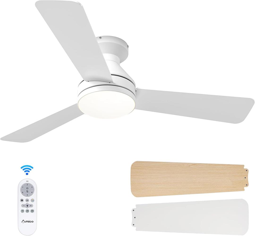 Amico Ceiling Fans with Lights, 42 inch Low Profile Ceiling Fan with Light and Remote Control, Flush Mount, Reversible, 3CCT, Dimmable, Noiseless, White Ceiling Fan for Bedroom, Indoor/Outdoor Use (42 inch, White)