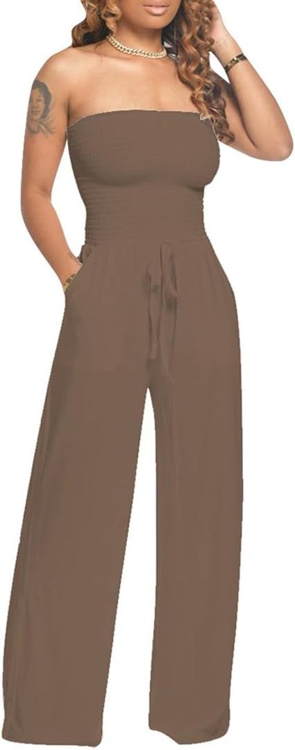 BFFBABY Women's Summer Casual Sleeveless Spaghetti Strap Wide Leg Jumpsuit Loose Tube Top Romper with Pockets (Medium, 1035-coffee)