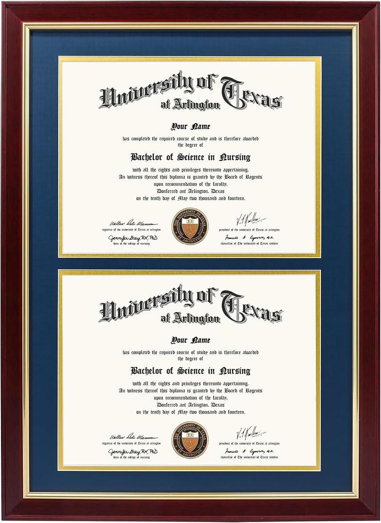 GMFrames Double Diploma Frame for Two 8.5x11 Certificates with Navy over Gold Mat, Solid Wood, UV Protection Acrylic, Cherry Finish with Gold Trim, 14x20 for Double 8.5x11